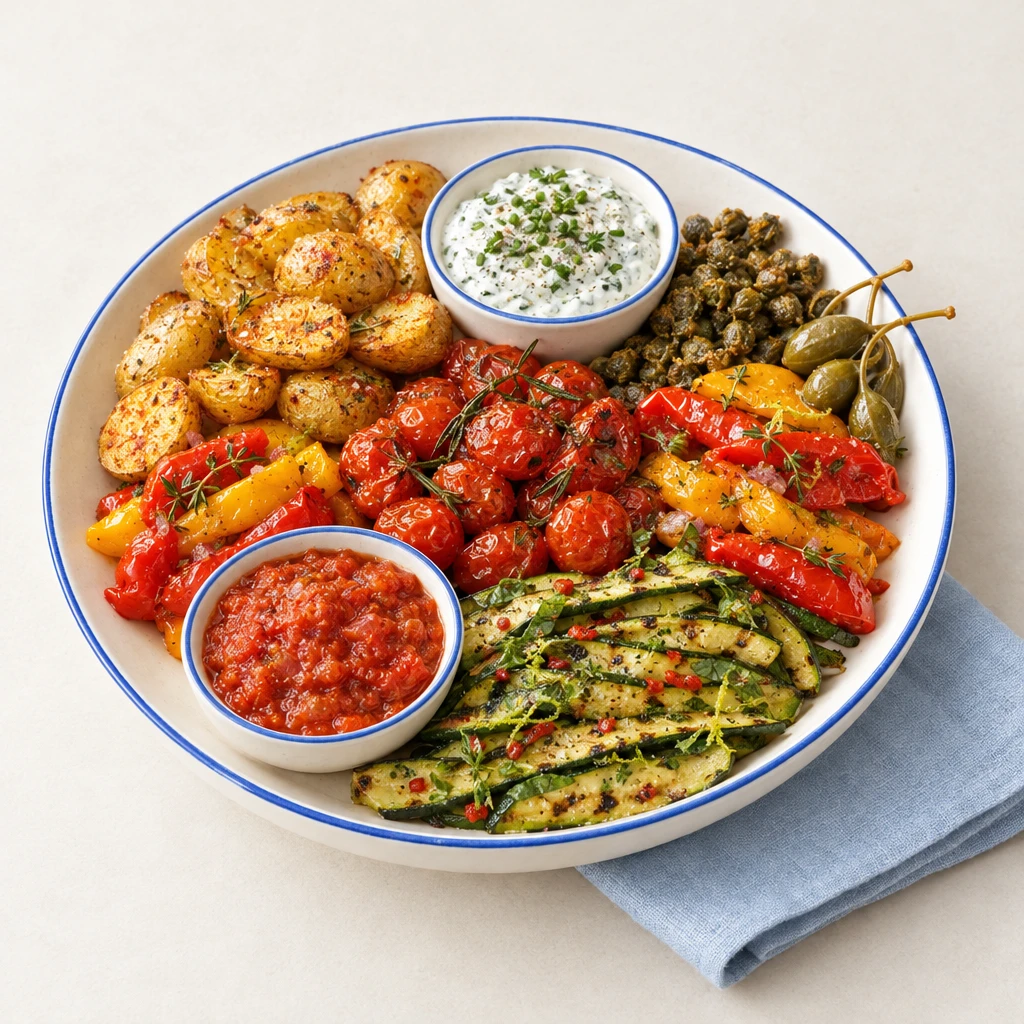 Antipasti mit goldbraunen Kartoffeln, gegrillter Zucchini, Paprika, Tomaten, Pesto, Dips, Kapern und Ciabatta auf einem Teller.