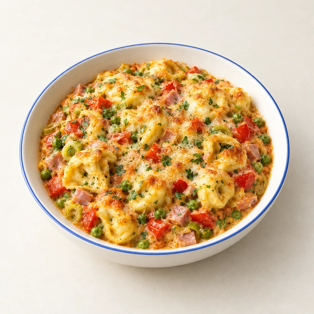 Goldbraun überbackene Tortellini mit Schinken, Erbsen, Lauch und roter Paprika in cremiger Tomatensoße.