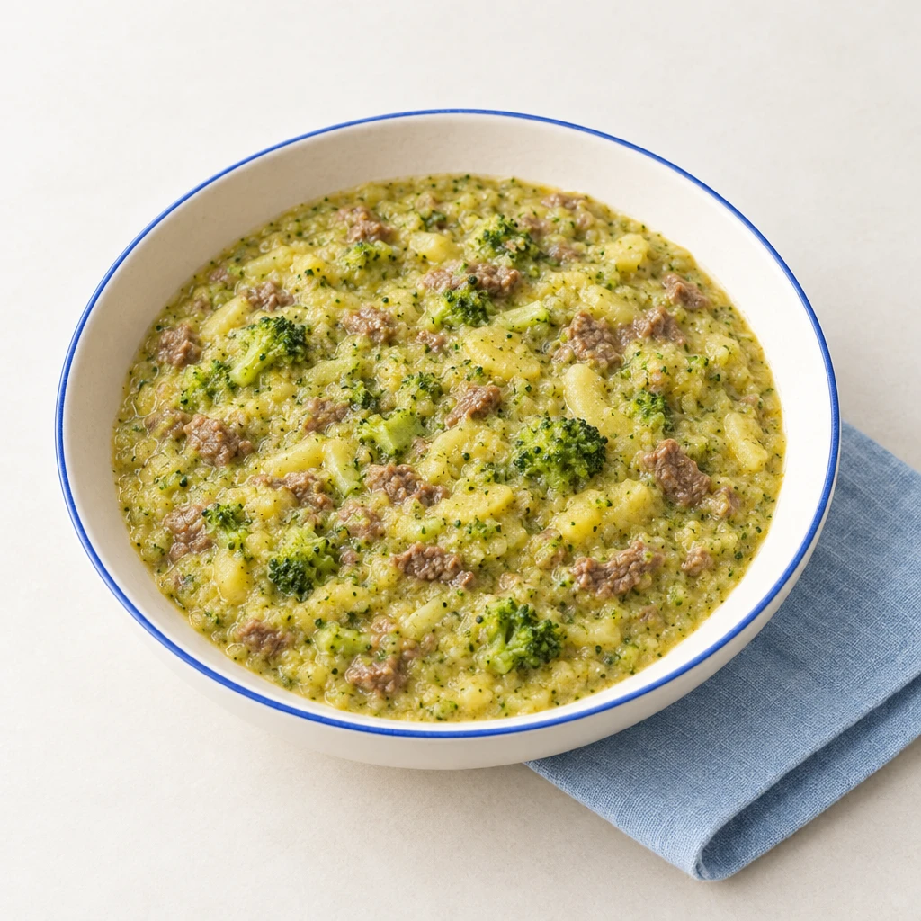Smooth, pale green broccoli and potato purée with beef in a small bowl.