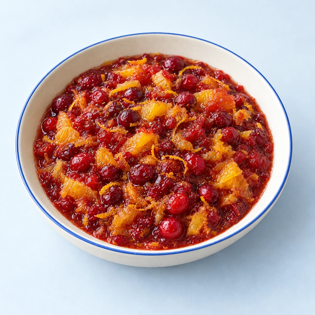 Ruby-red cranberry chutney with pieces of orange and orange zest in a shallow bowl.