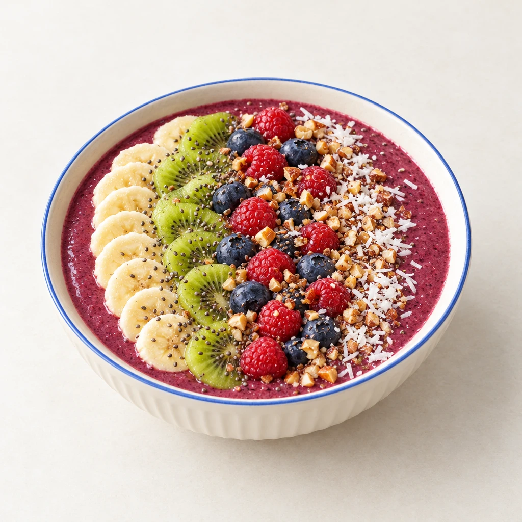 Creamy berry smoothie bowl topped with banana and kiwi slices, raspberries, blueberries, chia seeds, hazelnut brittle and desiccated coconut.