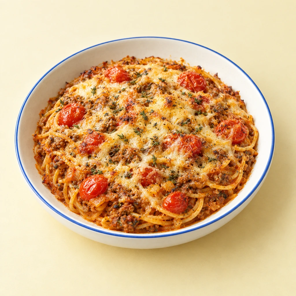 Spaghetti bake with mince and tomato sauce, melted cheese and baked cherry tomatoes.