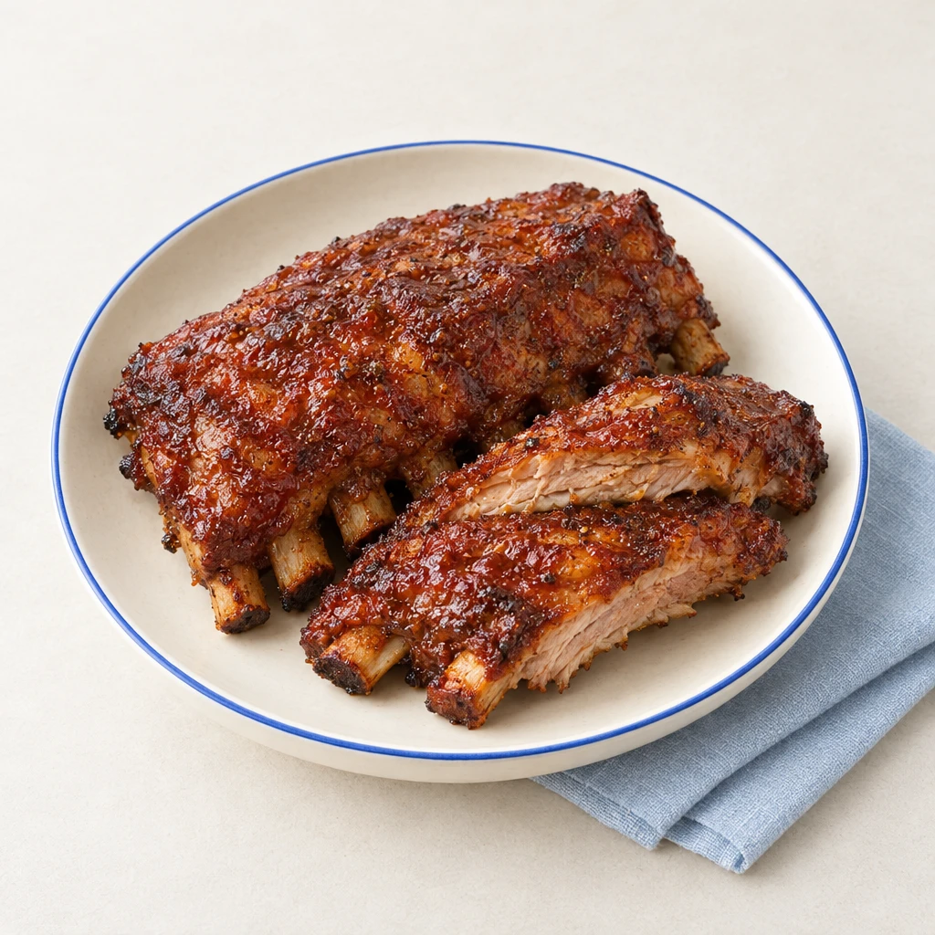 Spareribs mit glänzender BBQ-Glasur und sichtbaren Rippenknochen auf einem Teller.