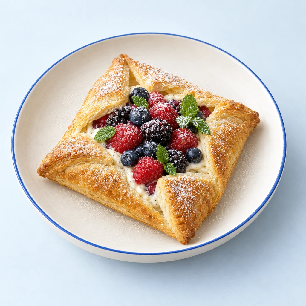 Golden puff pastry parcels with exposed quark and berry filling, icing sugar and mint leaves on a plate.