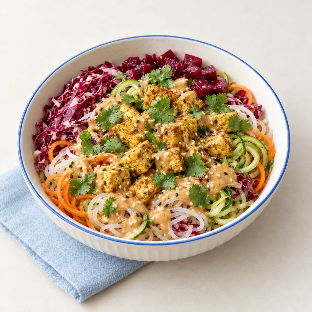 Bowl mit Shirataki-Nudeln, goldbraunem Sesam-Tofu, Radicchio, Betewürfeln, Gemüsespiralen, Erdnusssauce und Koriander.