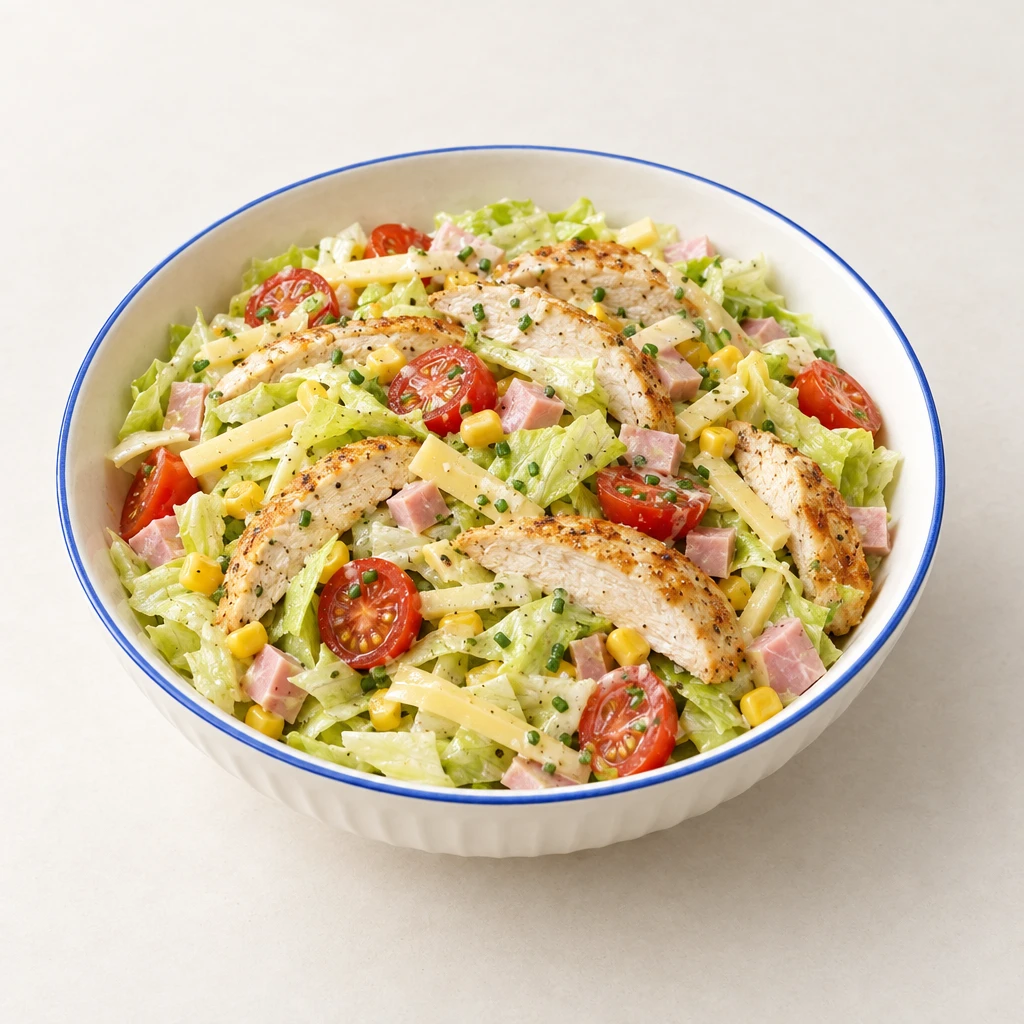 Hähnchensalat mit Eisbergsalat, Mais, Käsestreifen, Schinkenwürfeln und halbierten Tomaten in einer flachen Schale.