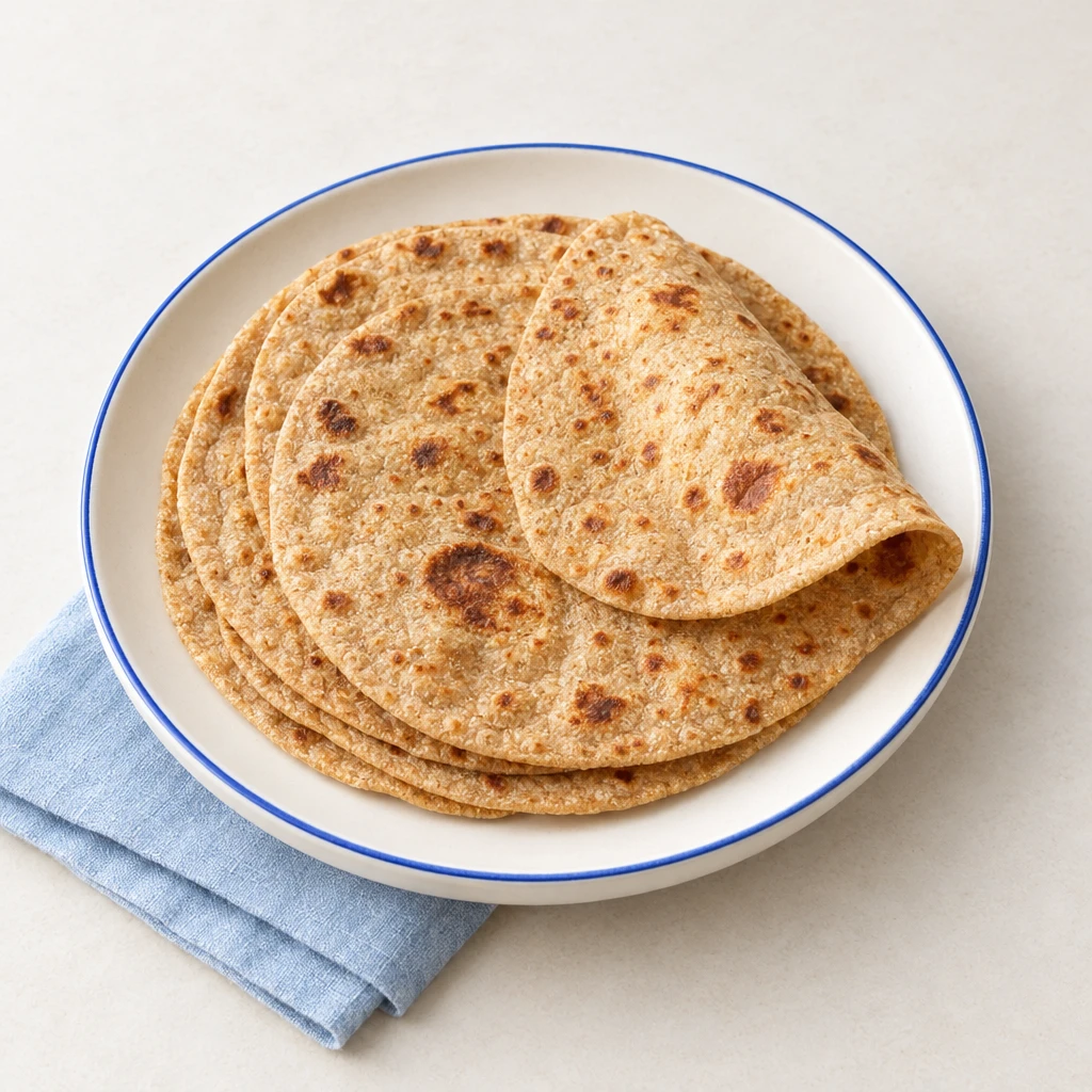 Thin wholemeal chapatis with toasted brown spots, stacked on a plate.
