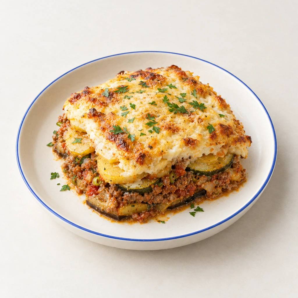 Ein Stück Moussaka mit sichtbaren Schichten aus Auberginen, Zucchini, Kartoffeln und Hackfleisch unter einer goldbraunen Saucen-Käse-Decke.