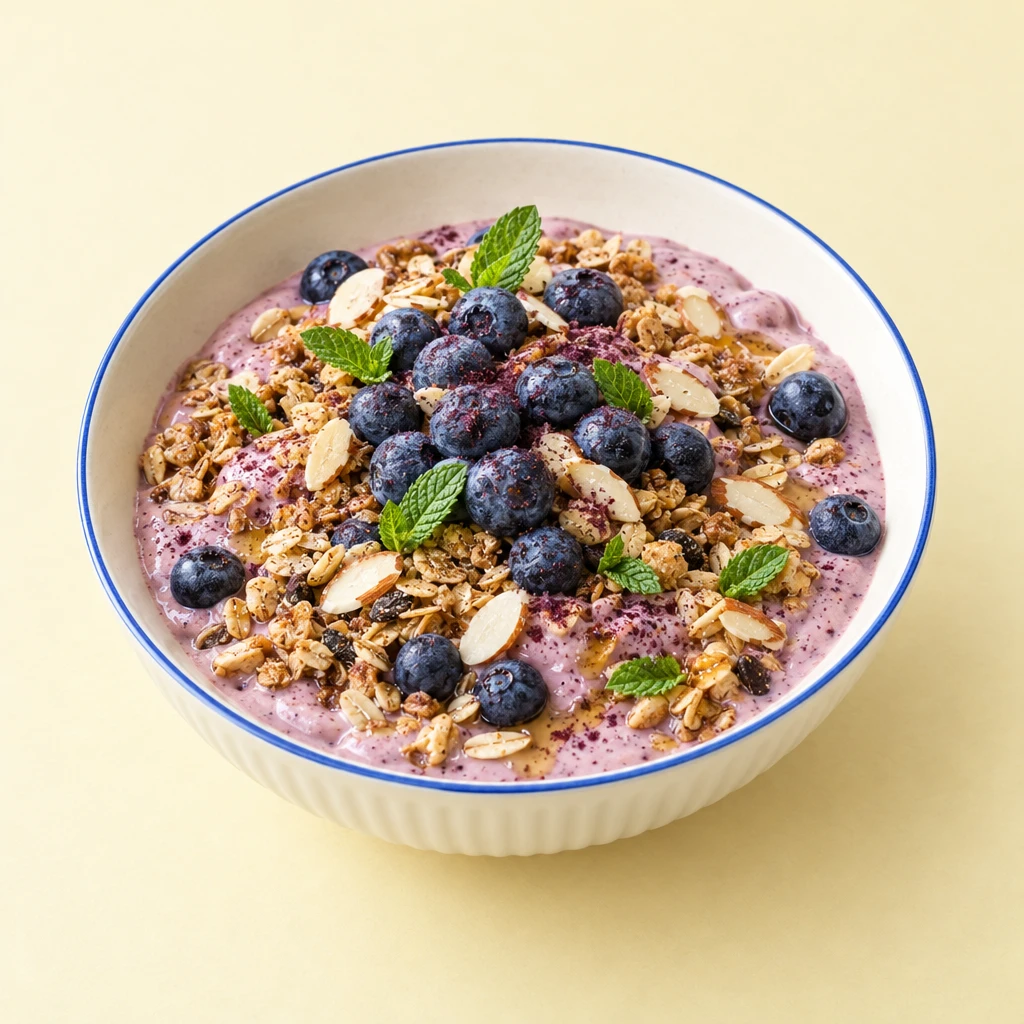 Açaí-Joghurt auf Vollkornmüsli mit gehobelten Mandeln, gefrorenen Blaubeeren und Minzblättern in einer Schale.