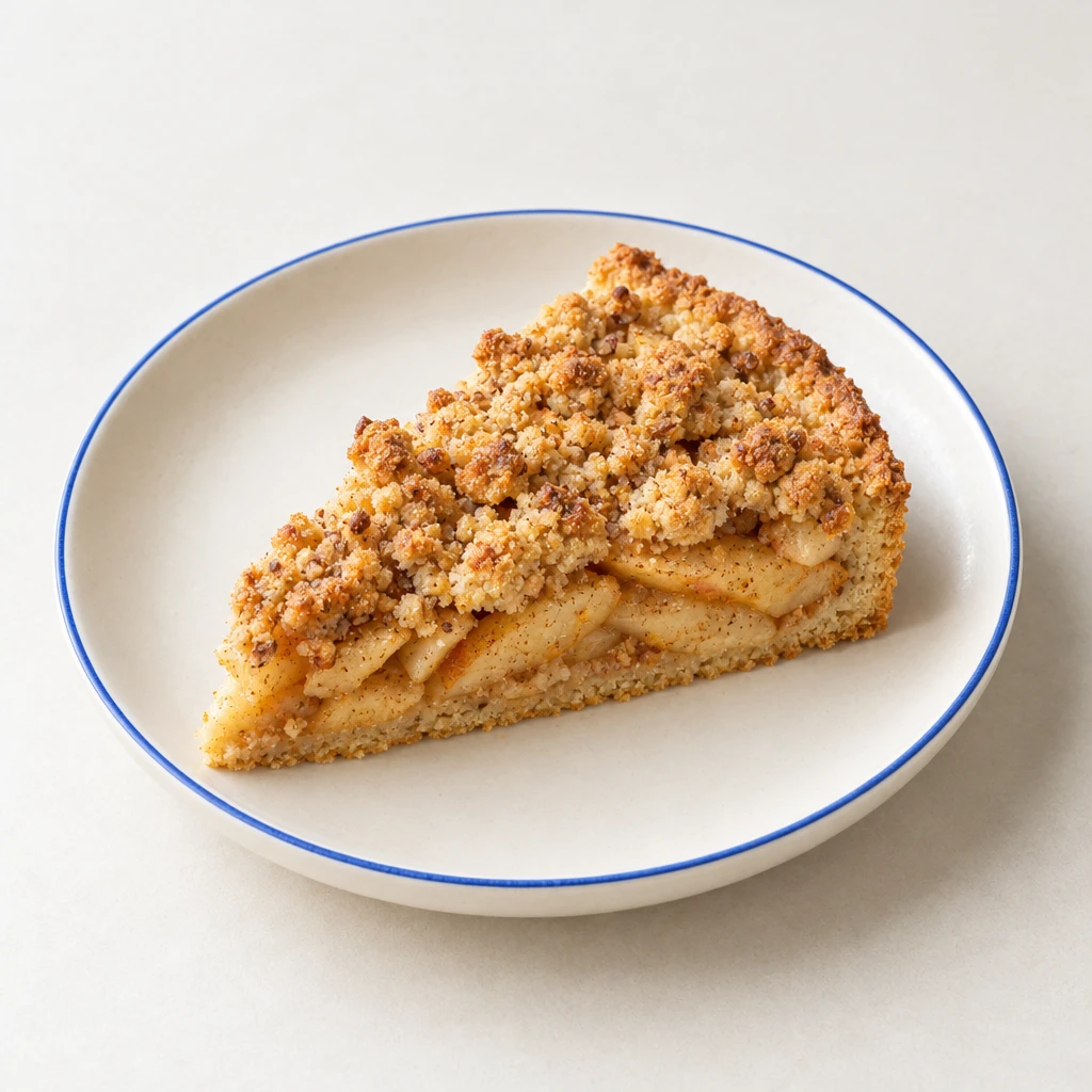 Apple cake with a slice cut out, showing apple wedges and a golden hazelnut crumble topping on a plate.