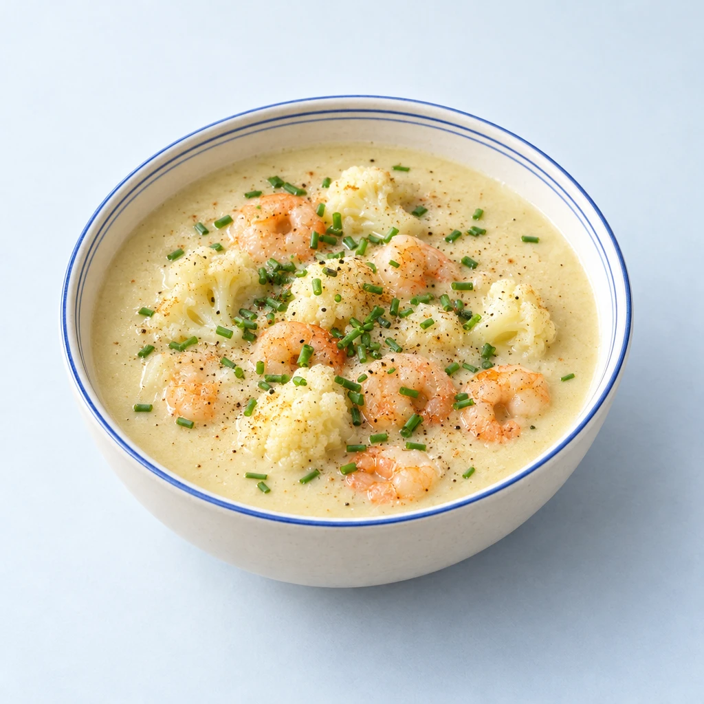 Creamy cauliflower soup with cauliflower florets, prawns and snipped chives in a bowl.