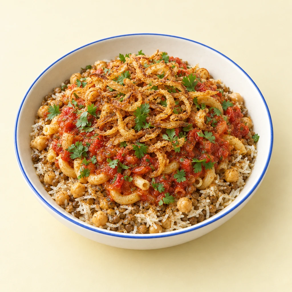 Kuschari mit Reis, Makkaroni, roten Linsen und Kichererbsen, darüber Tomatensoße, knusprige Zwiebelringe und Koriander.