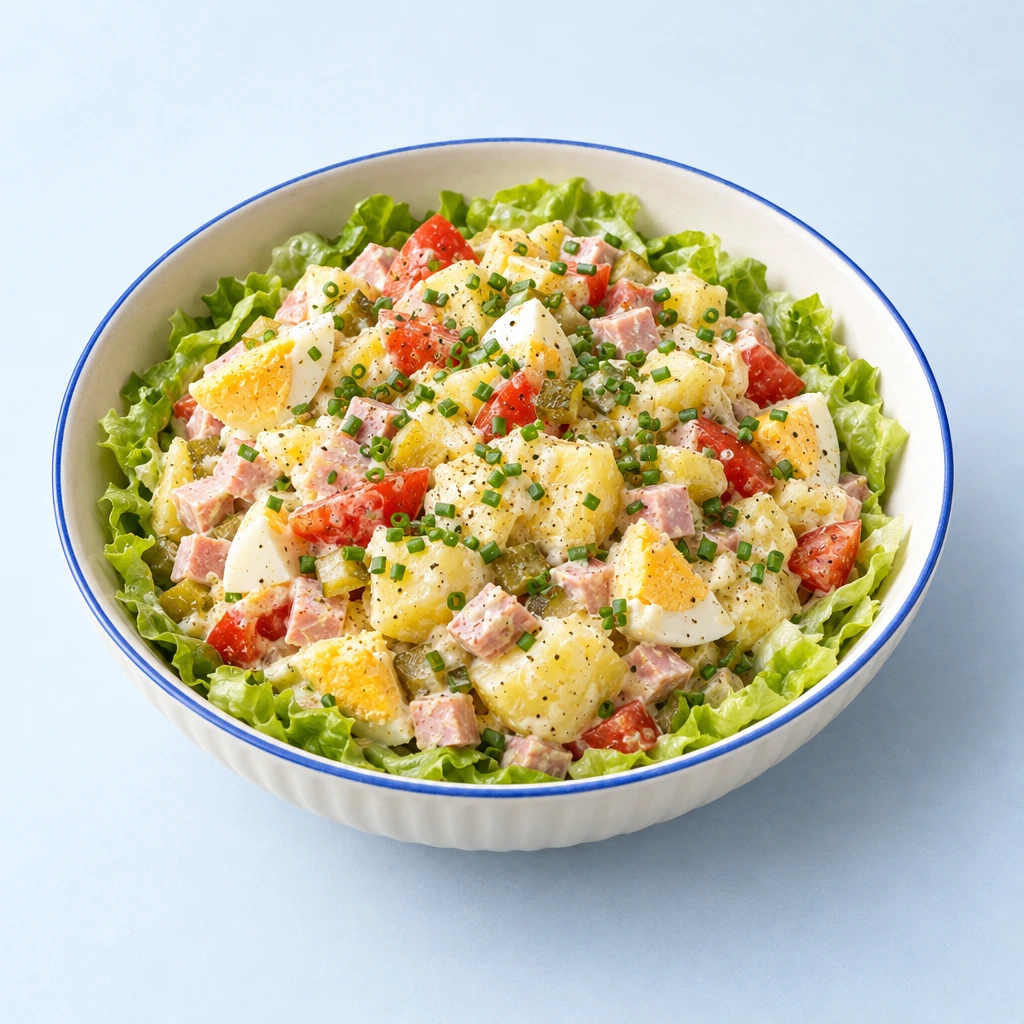 Cremiger Eiersalat mit Kartoffelwürfeln, Schinken, Tomaten, Gewürzgurken und Schnittlauch auf einem Bett aus Salatstreifen.