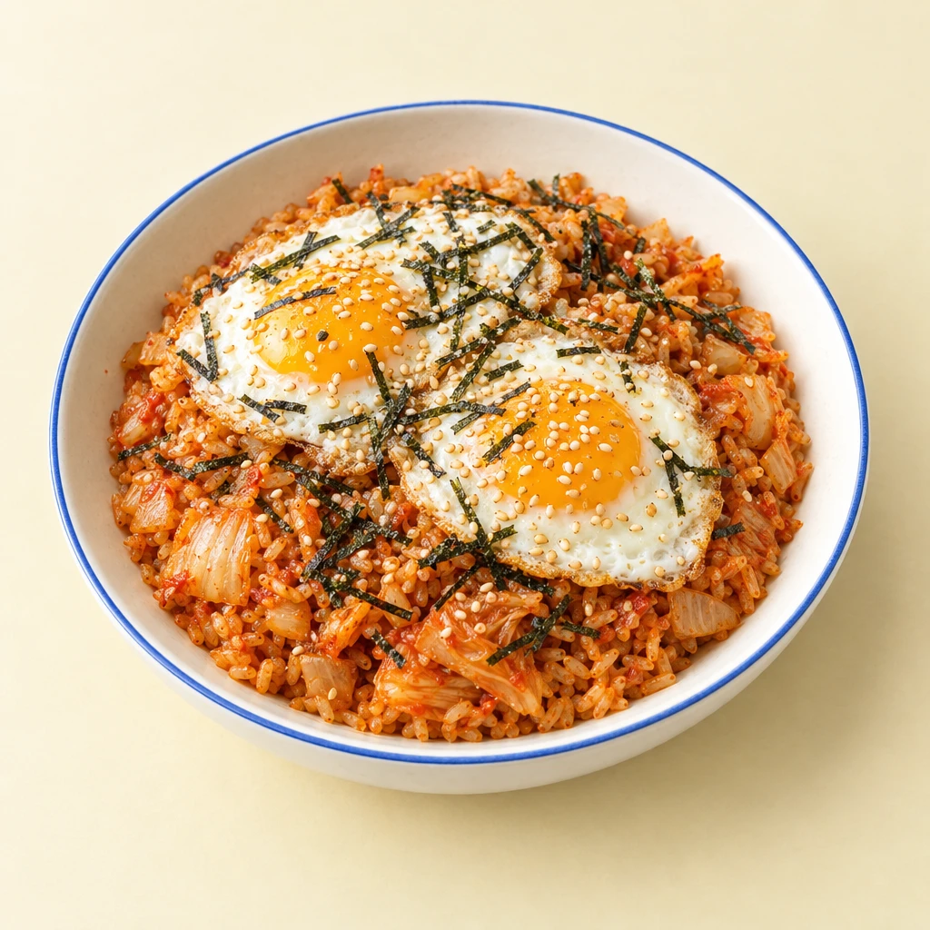 Gebratener Kimchi-Reis mit zwei Spiegeleiern, geröstetem Sesam und feinen Noristreifen auf einem Teller.