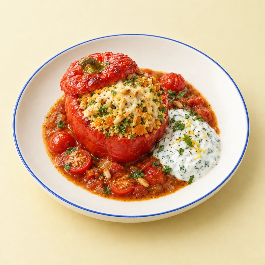 Mit Couscous gefüllte Paprika mit geschmolzenem Käse, Tomatensauce, gerösteten Pinienkernen und Kräuterjoghurt.