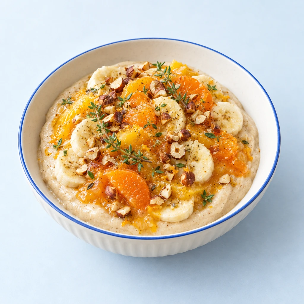 Banana nicecream topped with banana slices, mandarin and orange compote, toasted hazelnuts and thyme in a bowl.