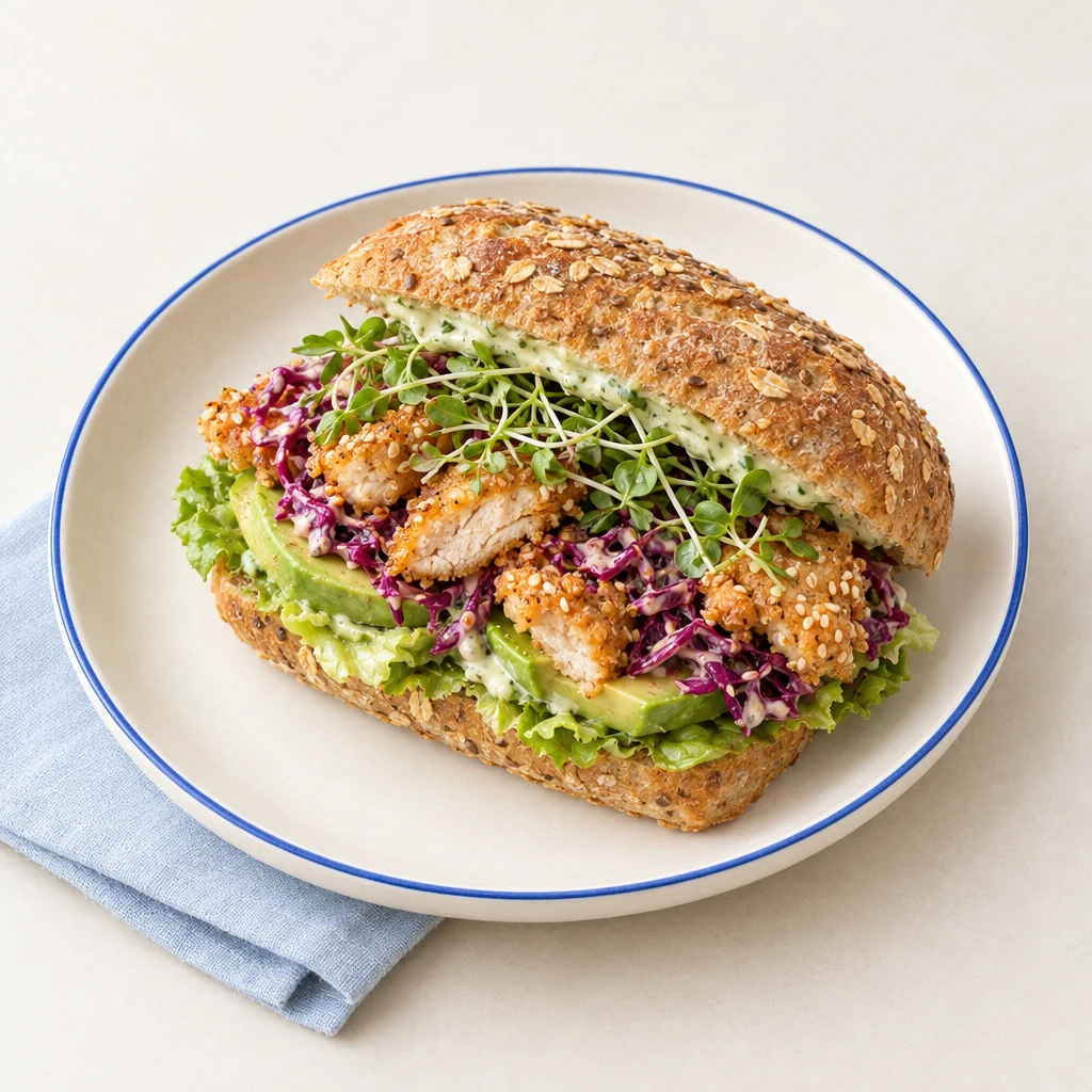 Sandwich aus Dinkel-Walnuss-Brot mit knusprigem Tempura-Hähnchen, Rotkohl, Avocado, Blattsalat, Erbsensprossen und Limettenmayonnaise.
