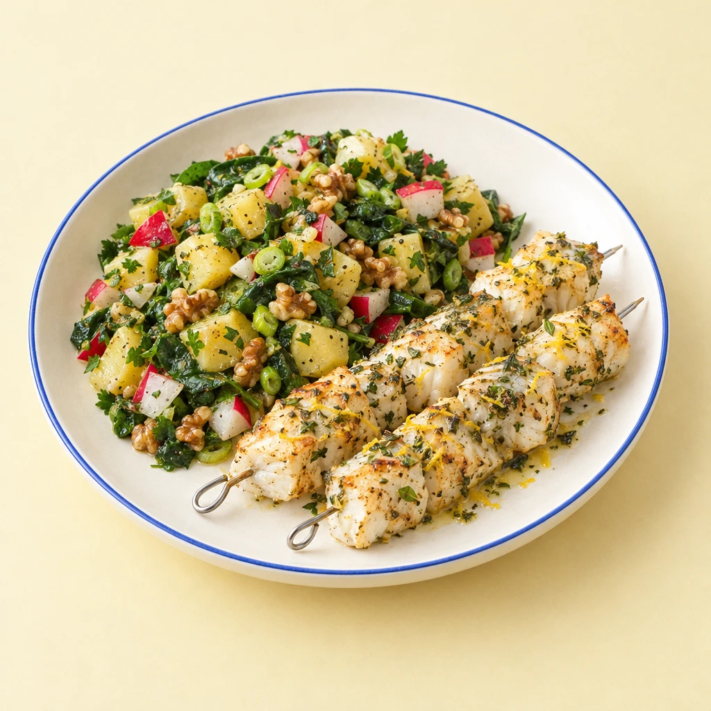 Gegrillte Fischspieße mit Zitronenabrieb neben Kartoffelsalat mit Blattspinat, Radieschen und Walnüssen.