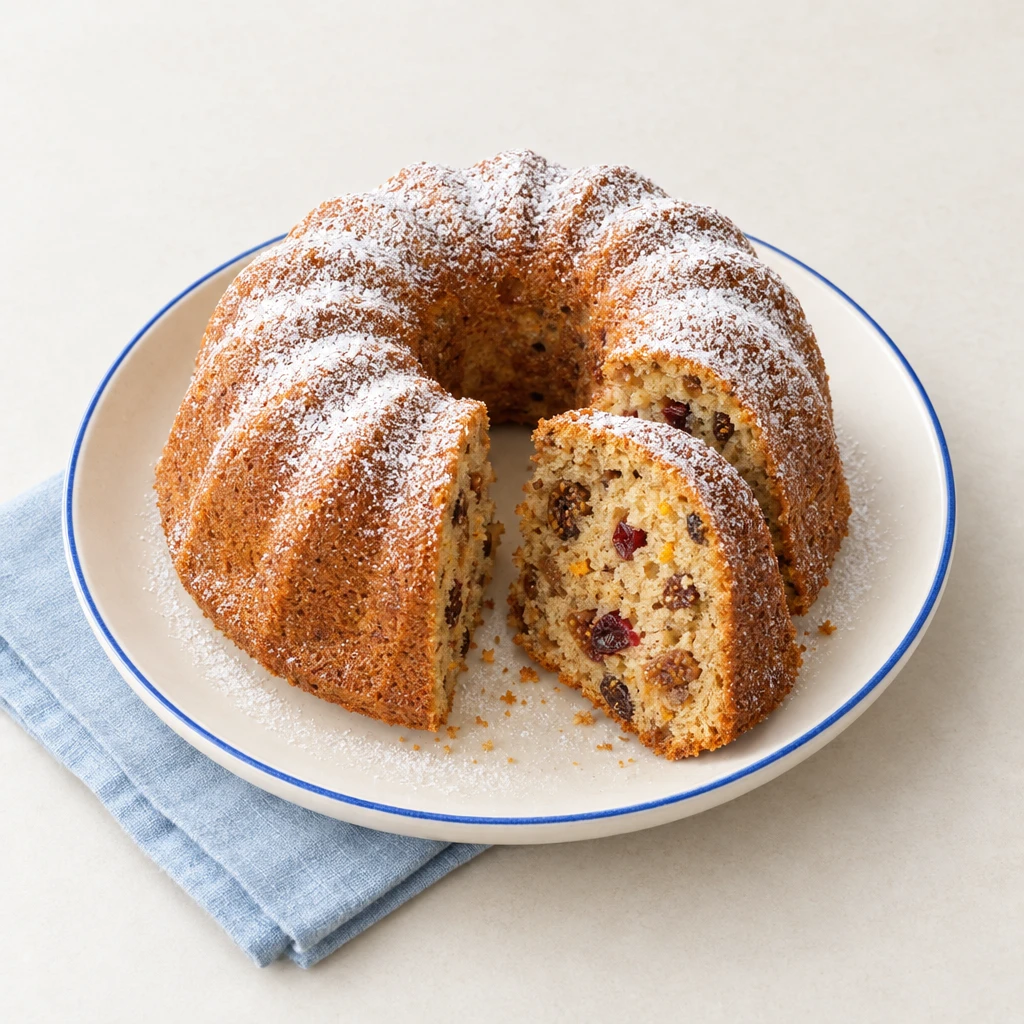Bible cake dusted with icing sugar, with a slice showing dried fruit beside the fluted ring cake.