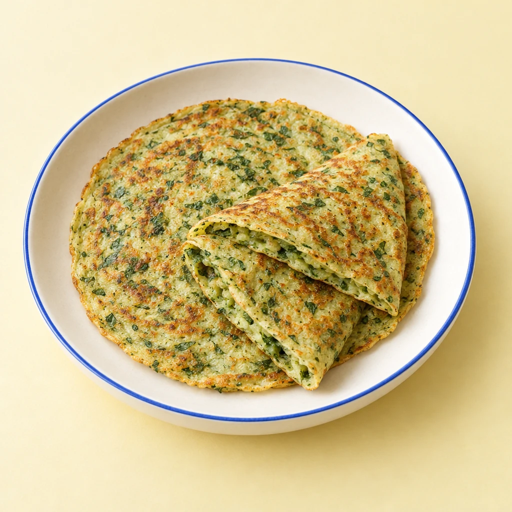 Green wild garlic pancakes with lightly browned surfaces on a plate.