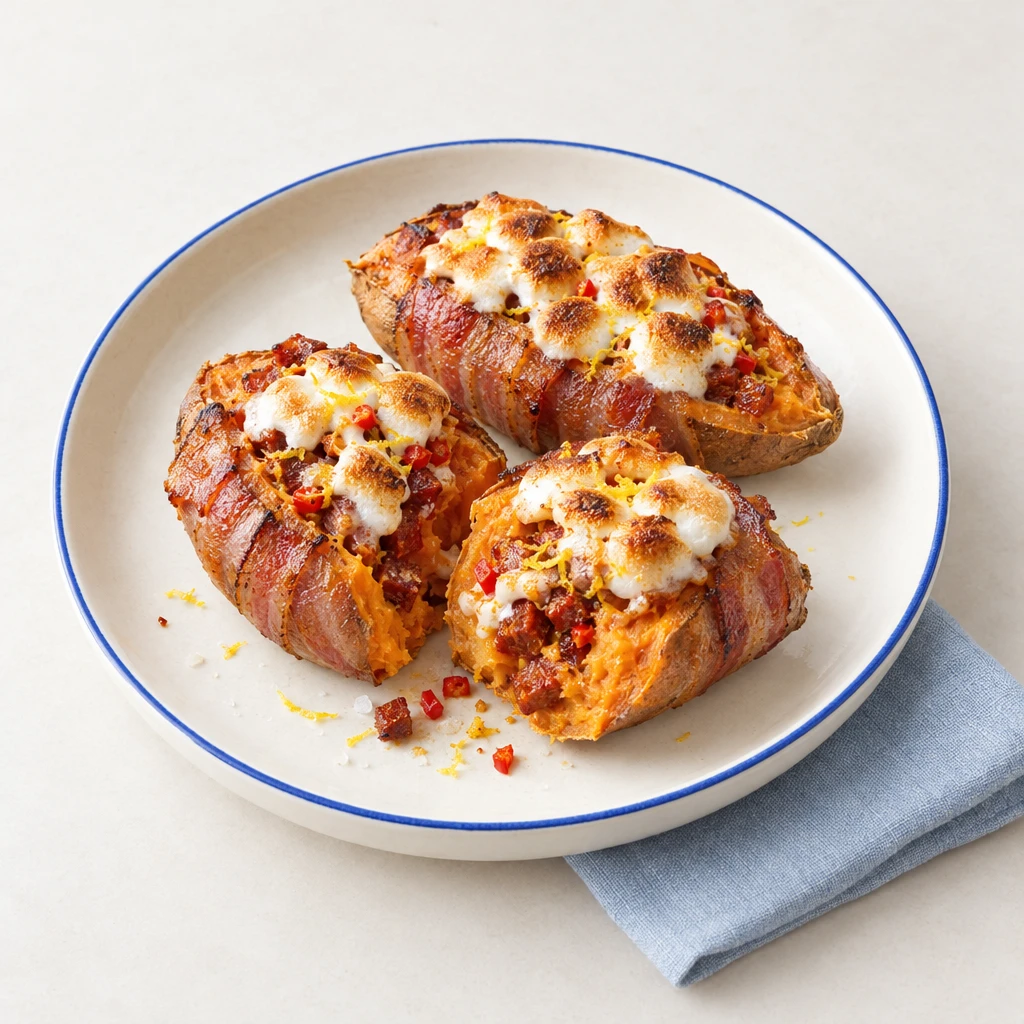 Gegrillte Süßkartoffelhälften mit Chorizofüllung, karamellisierten Marshmallows und knusprigem Bacon.