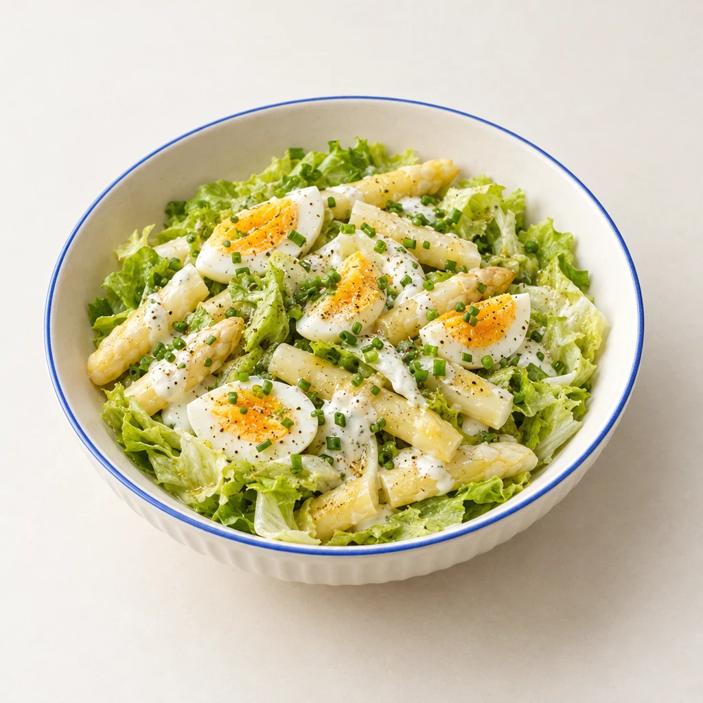 White asparagus salad with lettuce strips, hard-boiled egg halves, creamy dressing and chives on a plate.