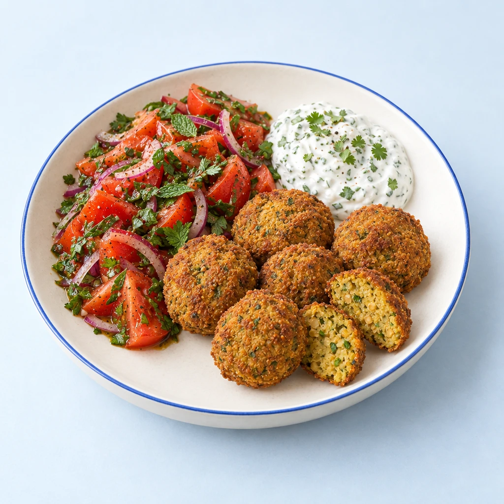 Goldgelbe Hirse-Kichererbsen-Falafel mit Korianderquark und Tomatensalat mit roten Zwiebeln, Minze und Petersilie.