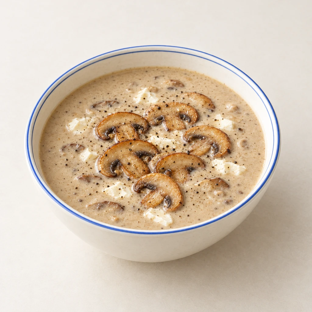 Creamy mushroom soup topped with browned mushroom slices and small pieces of cream cheese in a bowl.