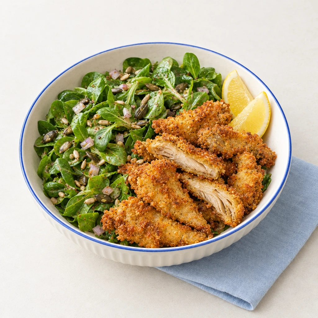 Lamb’s lettuce with golden breaded oyster mushrooms, toasted sunflower and pumpkin seeds, and lemon wedges.