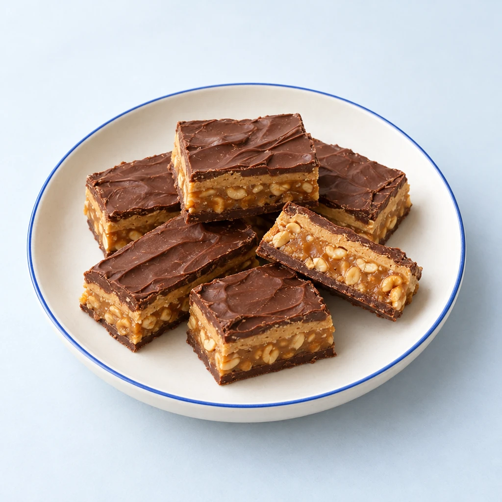 Chocolate bars with a peanut caramel filling and a thin peanut butter layer, some cut open on a plate.