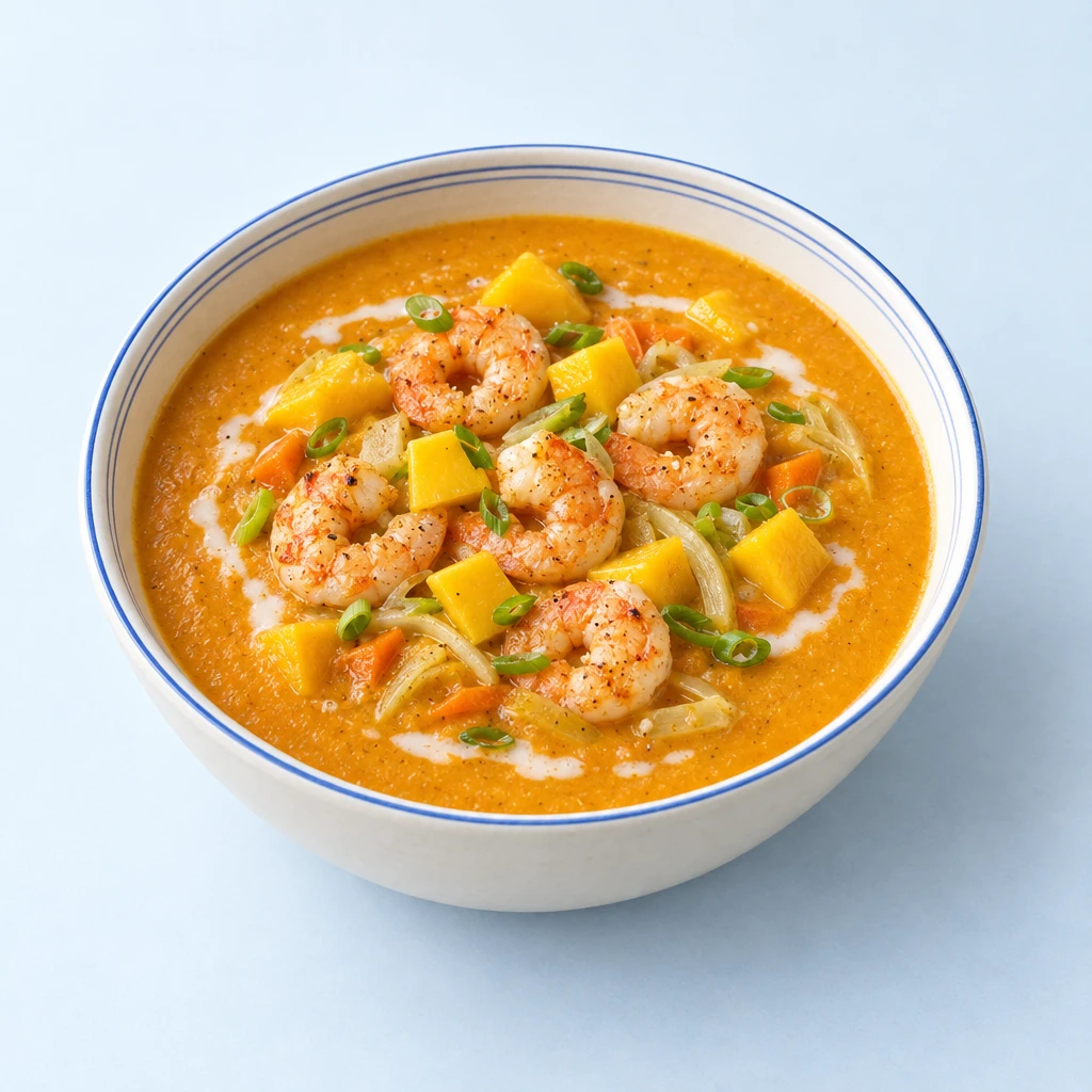 Creamy yellow-orange carrot and mango soup topped with pan-fried prawns in a bowl.