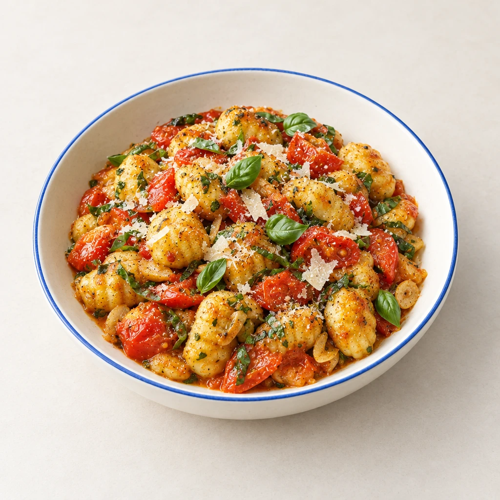 Goldbraun gebratene Bärlauch-Gnocchi mit Tomatenstücken, Knoblauch, Basilikum und geriebenem Hartkäse.