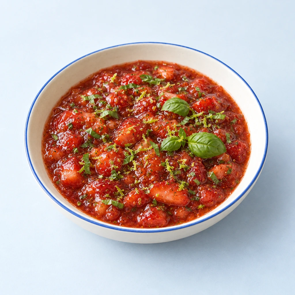 Red strawberry and basil jam with finely chopped basil in a preserving jar.