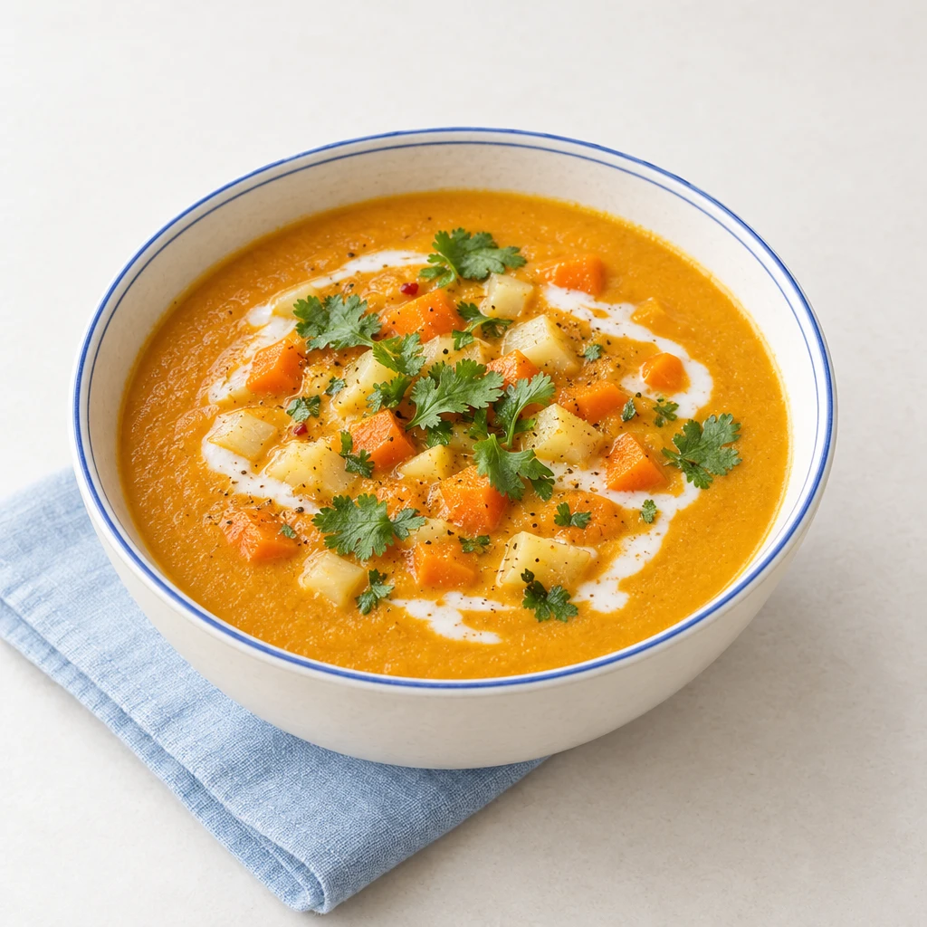 Creamy carrot soup with diced kohlrabi, coconut milk and coriander leaves.