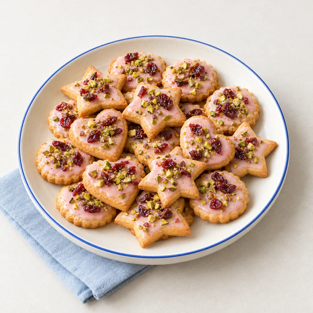 Golden shortbread biscuits with pink cranberry icing, dried cranberries and chopped pistachios on a plate.