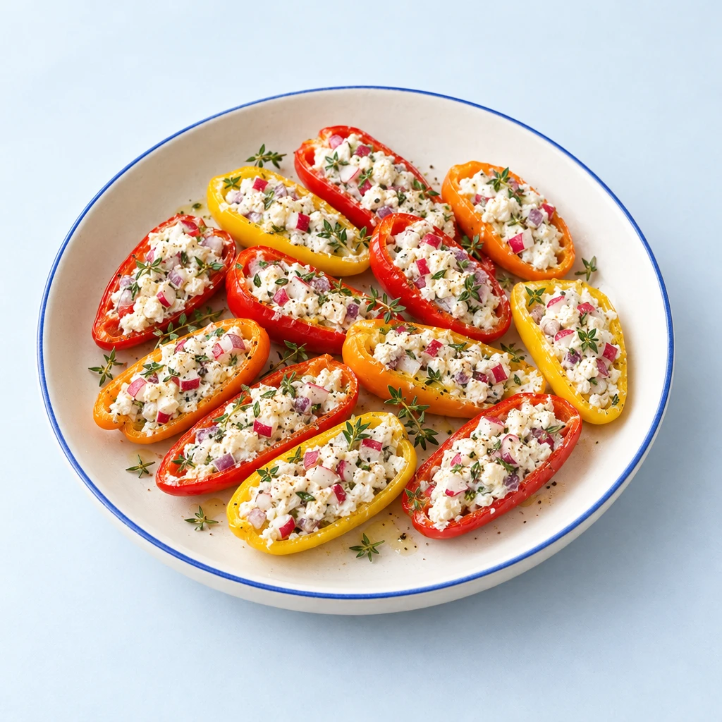 Colourful mini pepper halves filled with feta, cream cheese, radishes, red onion and thyme.