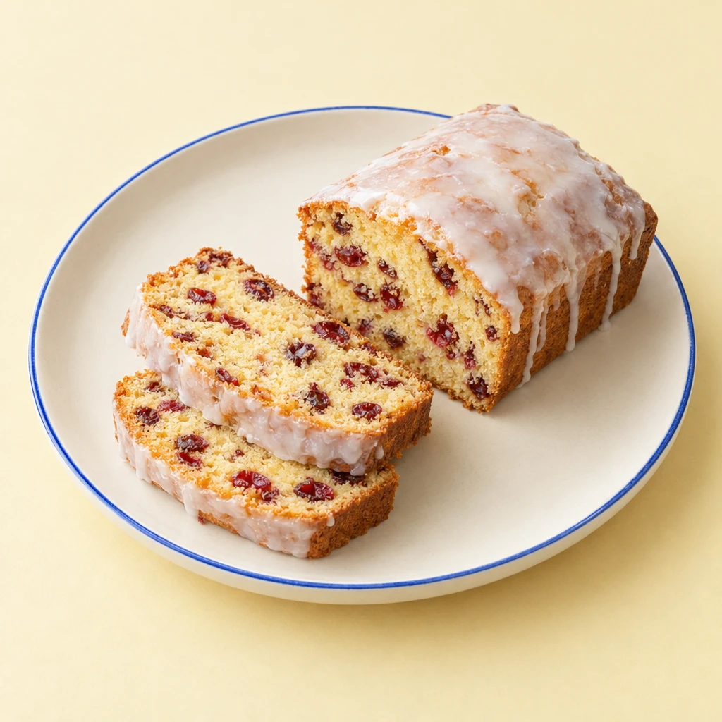 Cranberry loaf cake with lemon icing and dried cranberries visible in the sliced crumb.