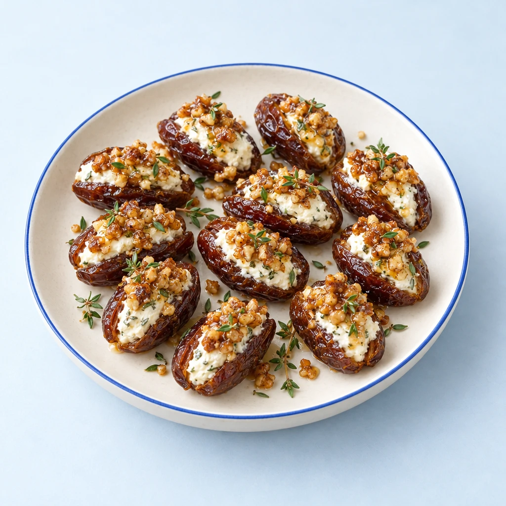 Dates with a pale goat’s cheese filling flecked with finely chopped caramelised walnuts and thyme.