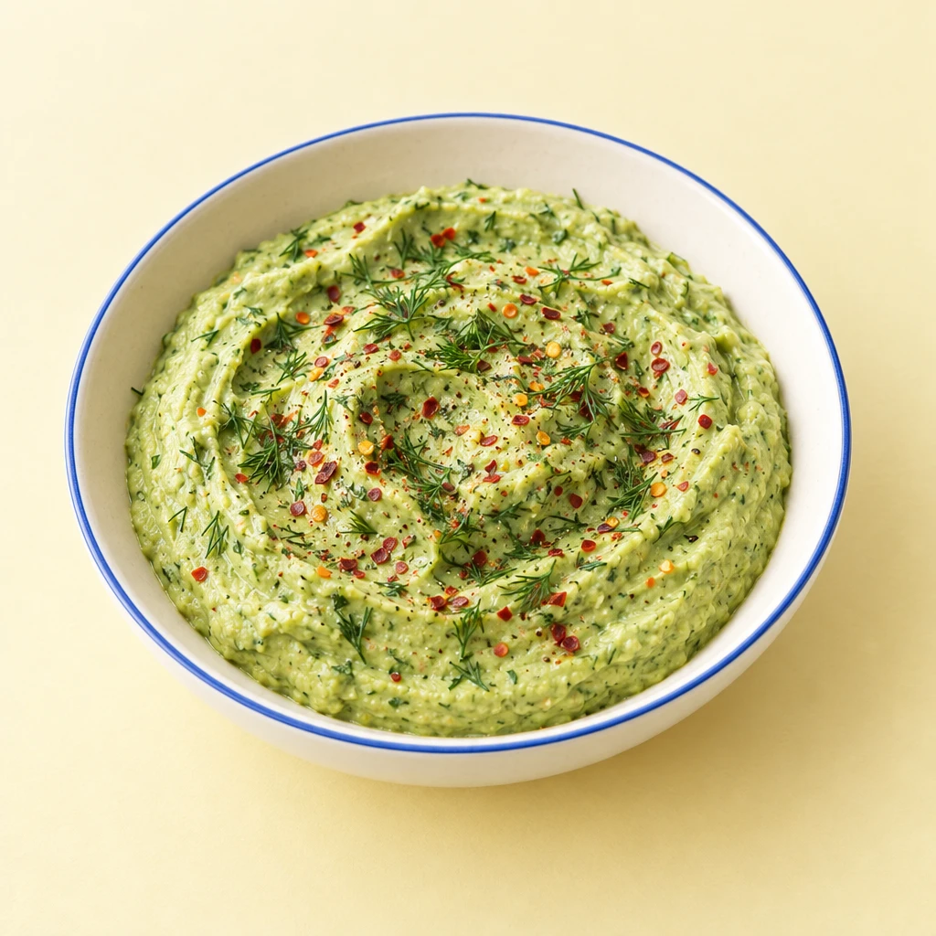 Pale green avocado dip with finely chopped dill and chilli flakes in a bowl.