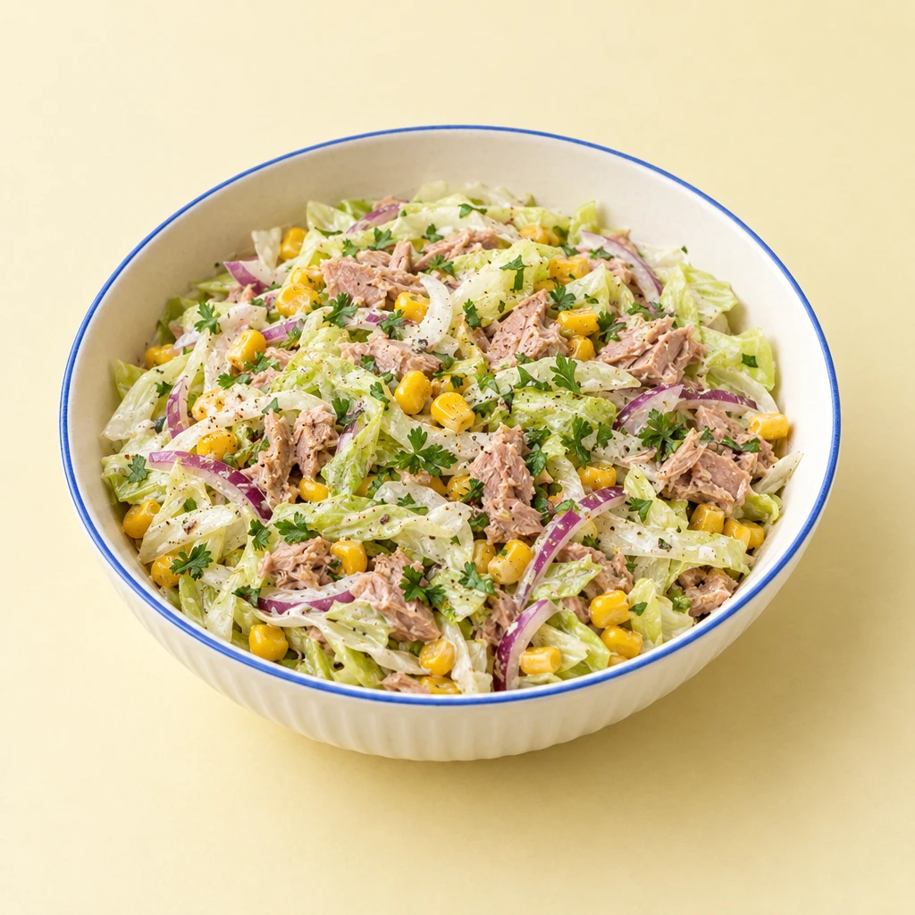 Iceberg lettuce, sweetcorn and red onion strips in a creamy dressing, topped with tuna pieces and parsley, with baguette slices alongside.