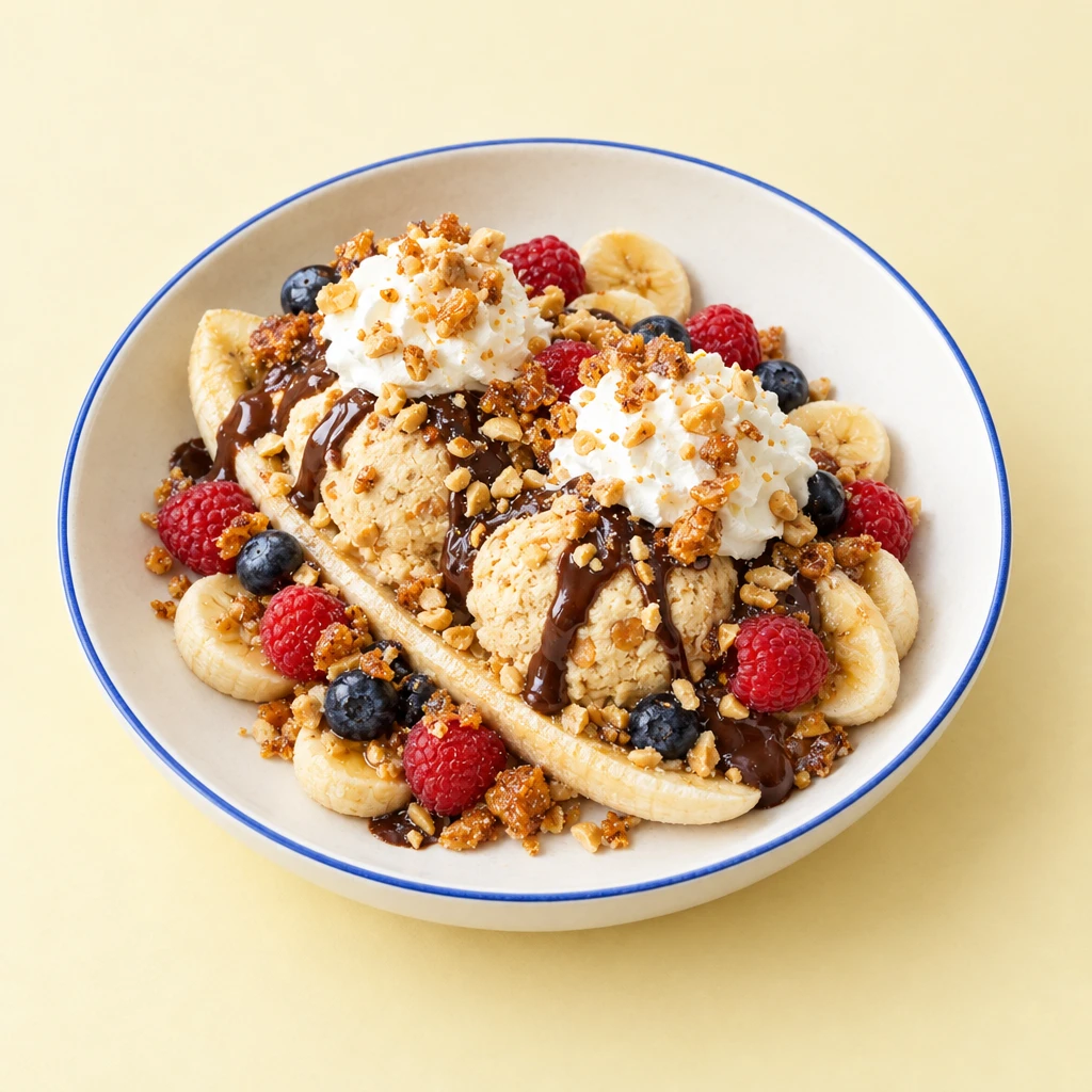Banana Split mit Erdnussbutter-Eis, Schokoladensauce, Schlagsahne, Himbeeren, Heidelbeeren, Babybananenscheiben und Erdnusskrokant.