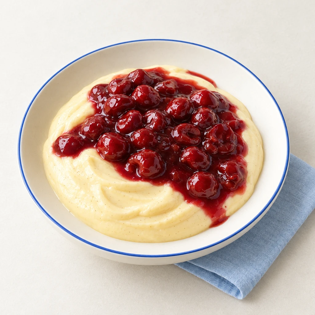 Bavarian cream in a glass topped with sour cherries and glossy cherry sauce.