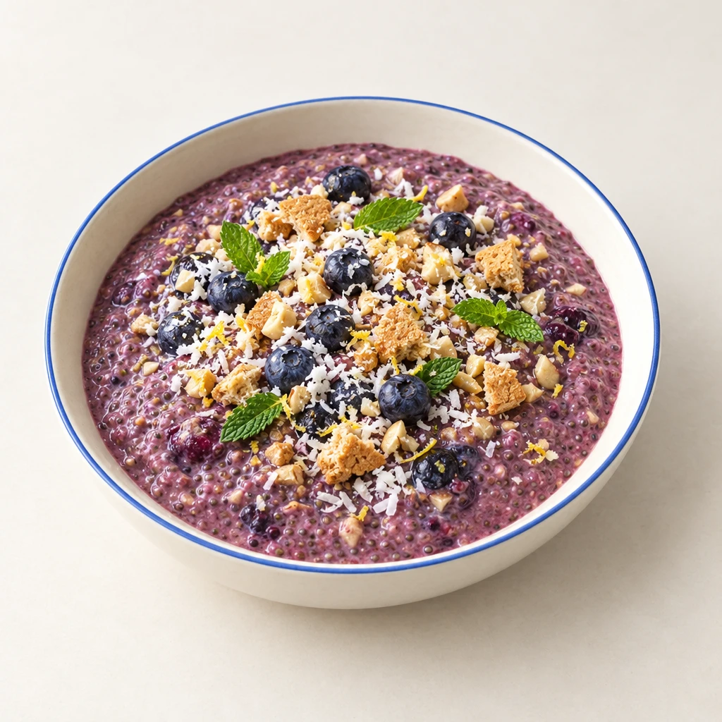 Purple blueberry chia pudding with small cashew pieces, peppermint leaves and coconut flakes, served with vegan biscuits.