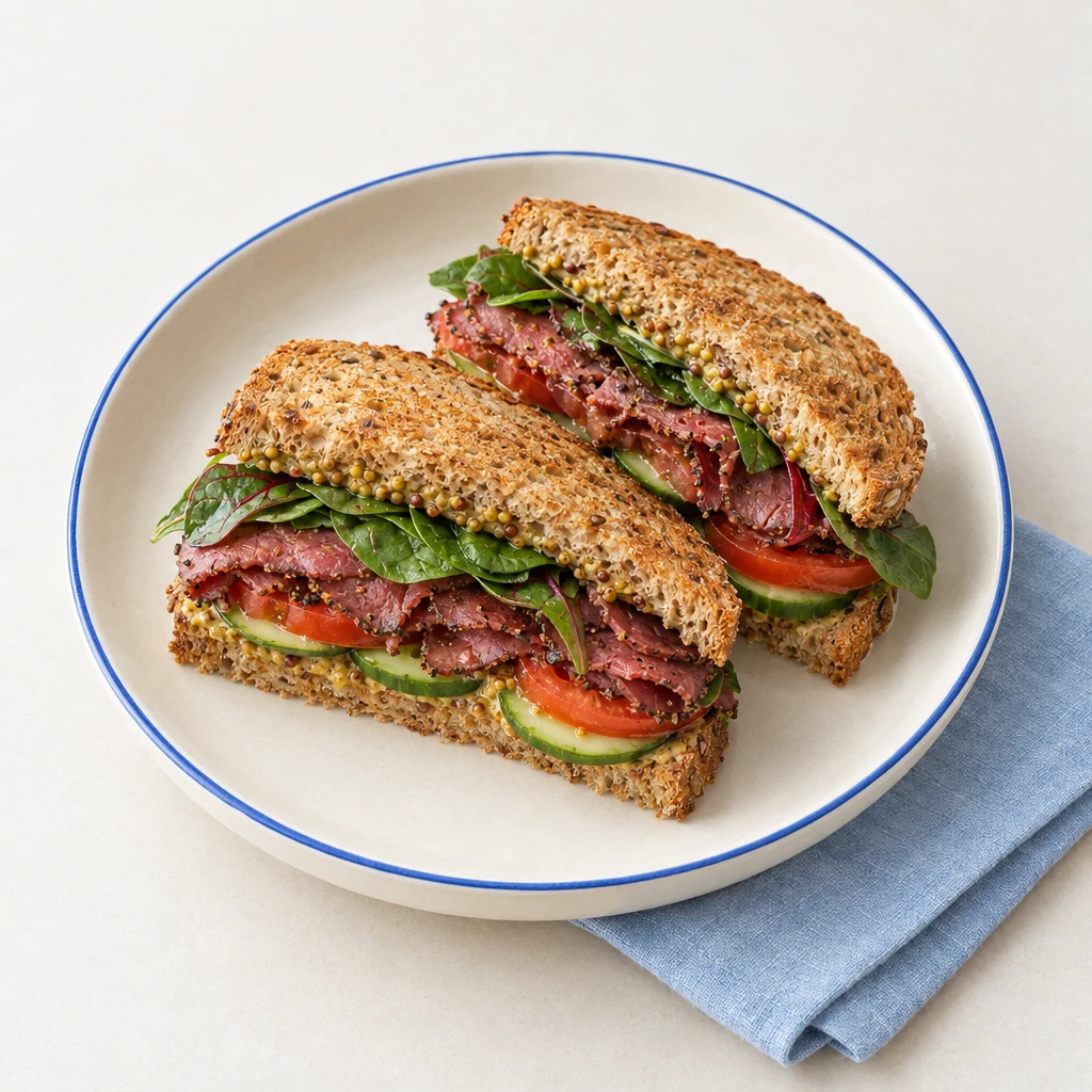 Halbiertes Vollkorn-Sandwich mit dünnen Pastramischeiben, Tomate, Gurke, grobkörnigem Senf und rotem Babyspinat.