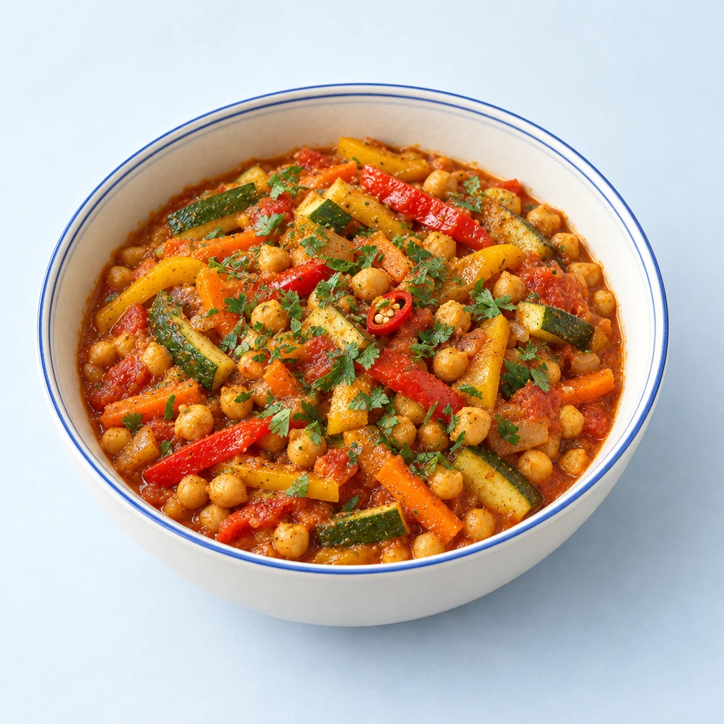 Vegetarian tagine with chickpeas in tomato sauce, courgettes, carrots, red and yellow peppers, and flat-leaf parsley.