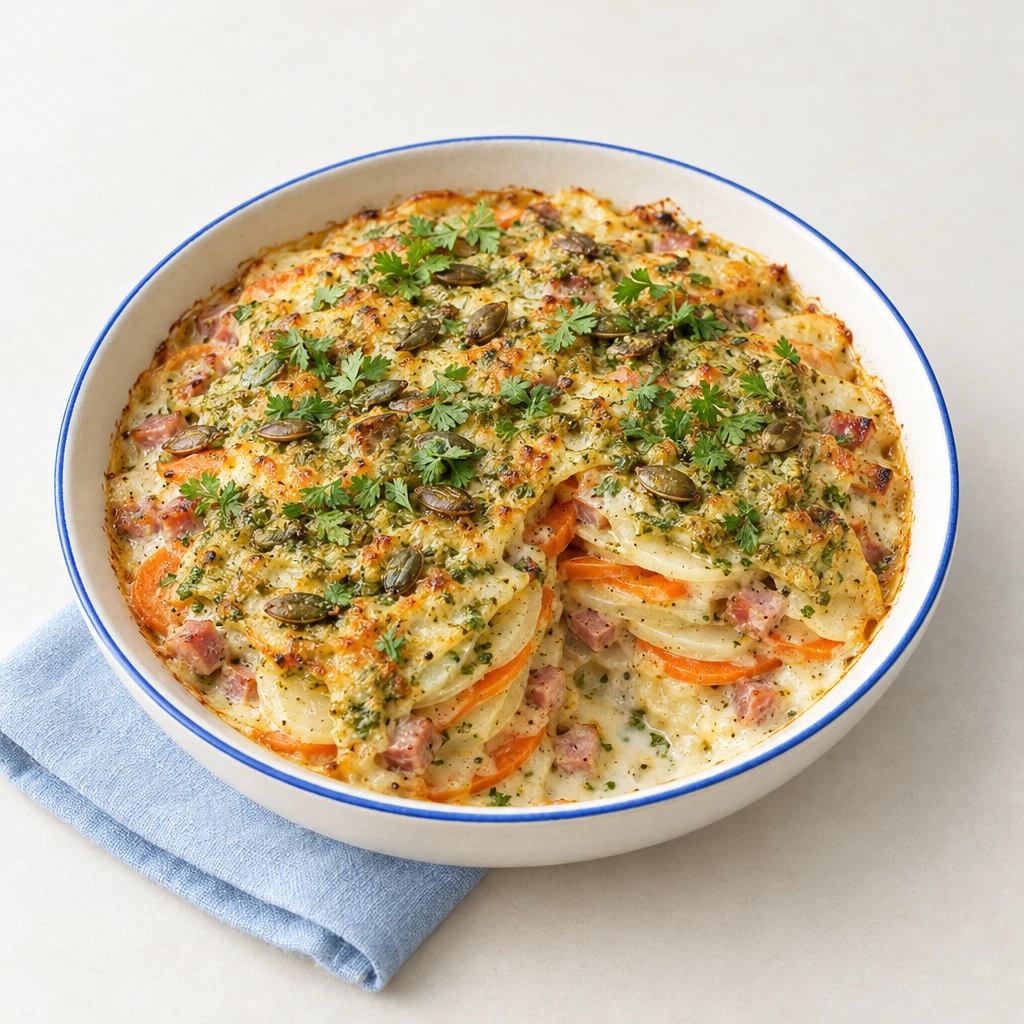 Kohlrabi bake with carrot slices, diced ham, creamy béchamel and green pumpkin seed and chervil pesto on a plate.