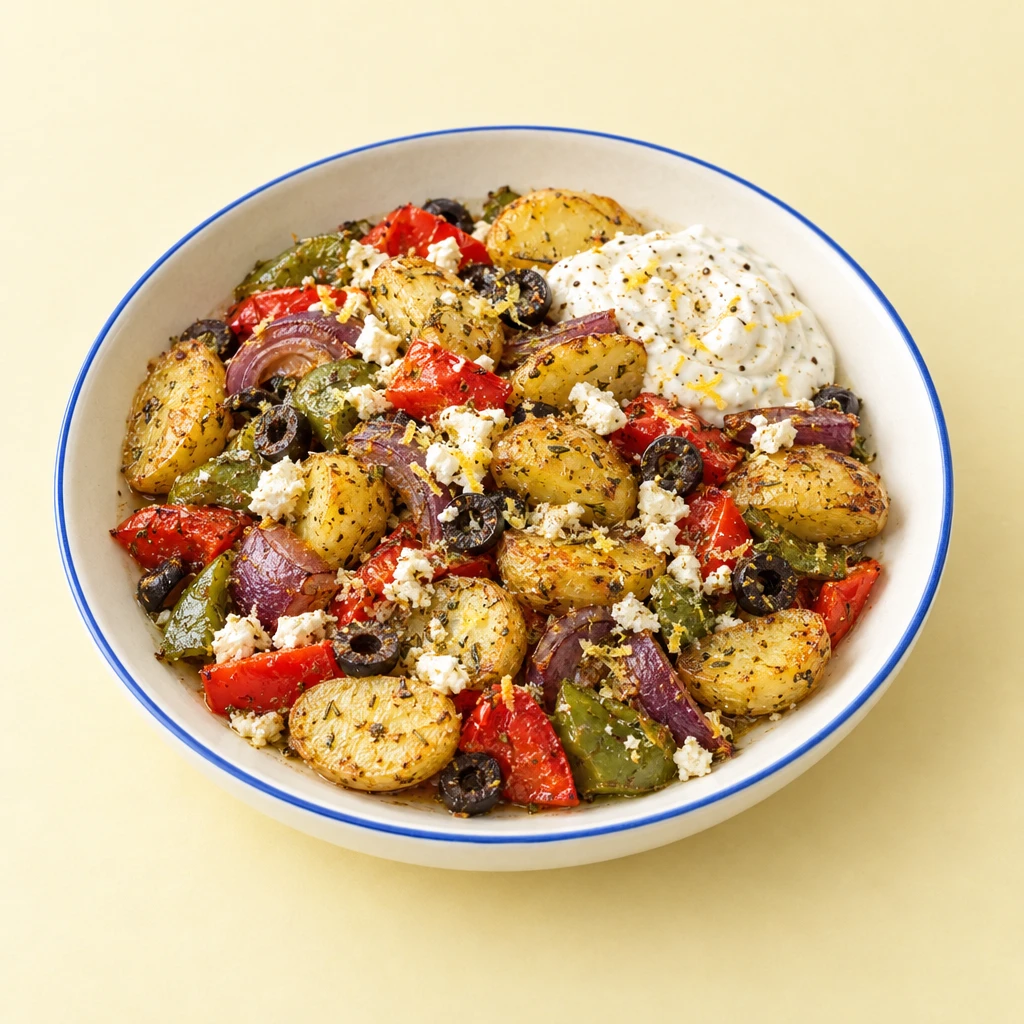 Mediterranes Ofengemüse mit Kartoffeln, Paprika, Oliven und Feta, dazu Zitronen-Crème-fraîche.