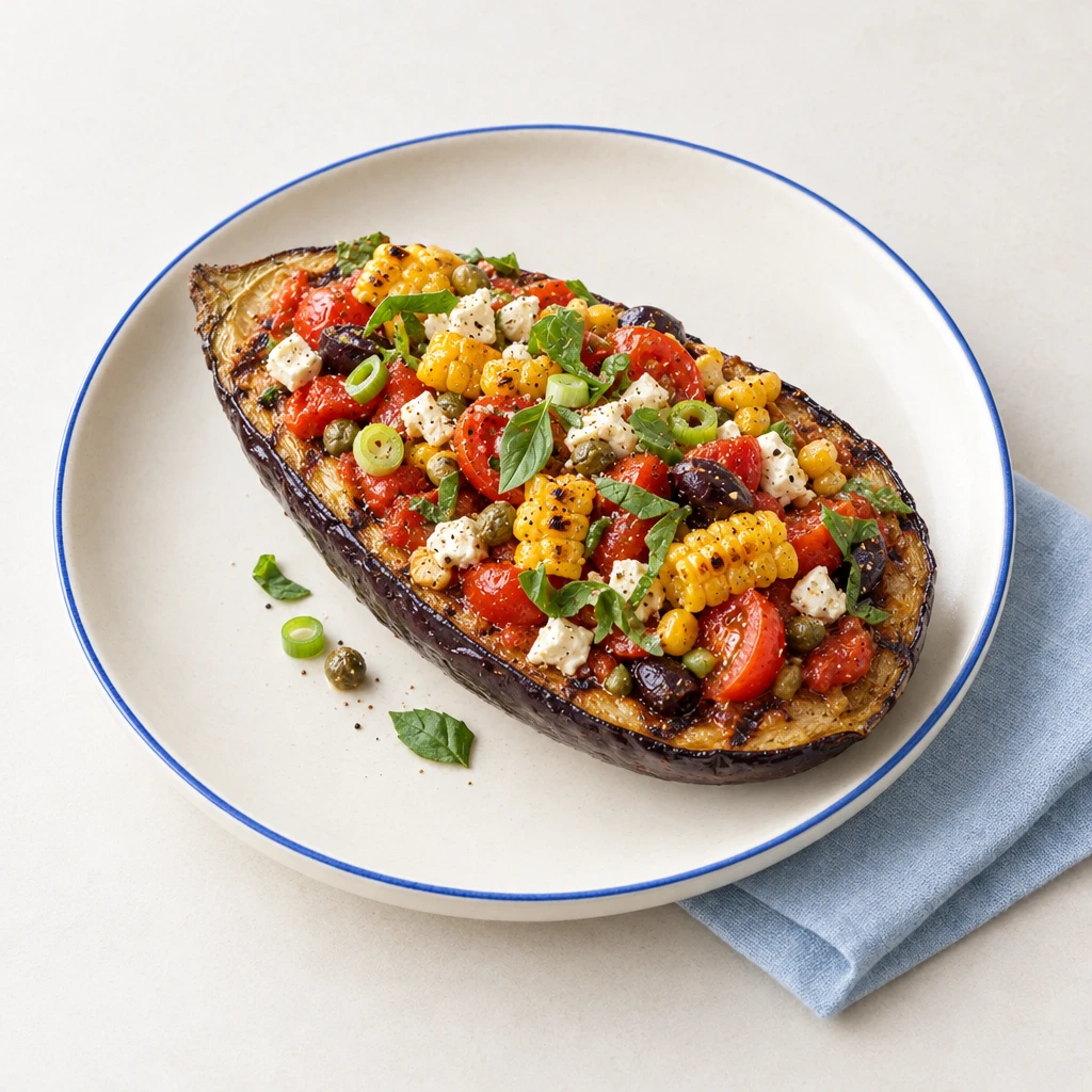 Grilled aubergine halves topped with tomatoes, feta, black olives, sweetcorn and fresh basil.
