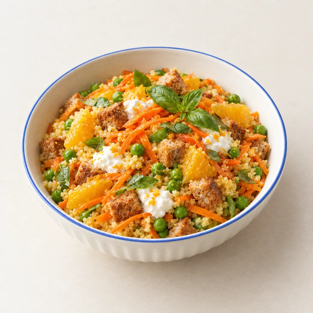 Layered couscous salad in a glass with peas, orange segments, quark and toasted bread cubes, topped with carrot strips and basil.