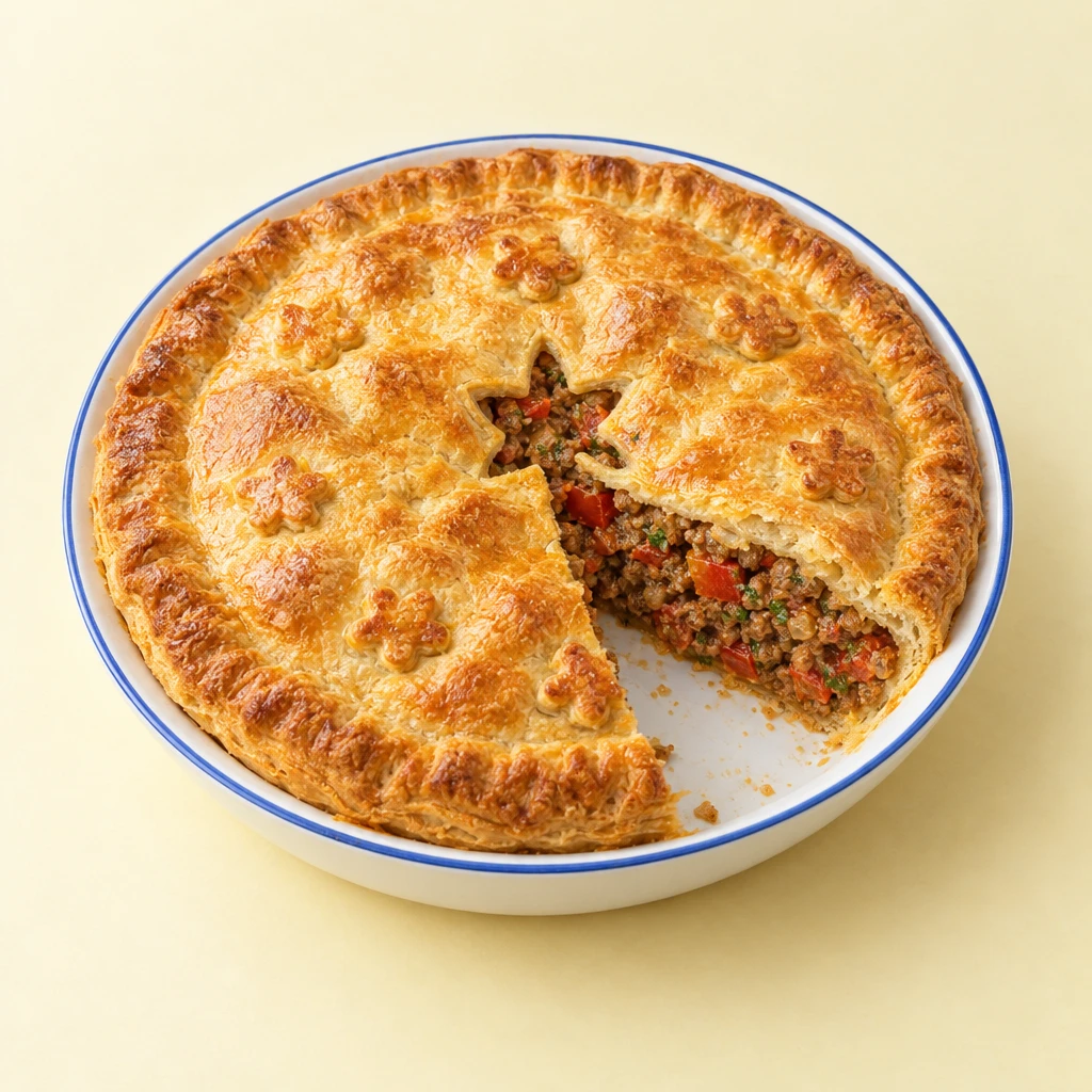 Golden-brown minced meat pie with a cut wedge revealing a filling of mince, red pepper and tomatoes.